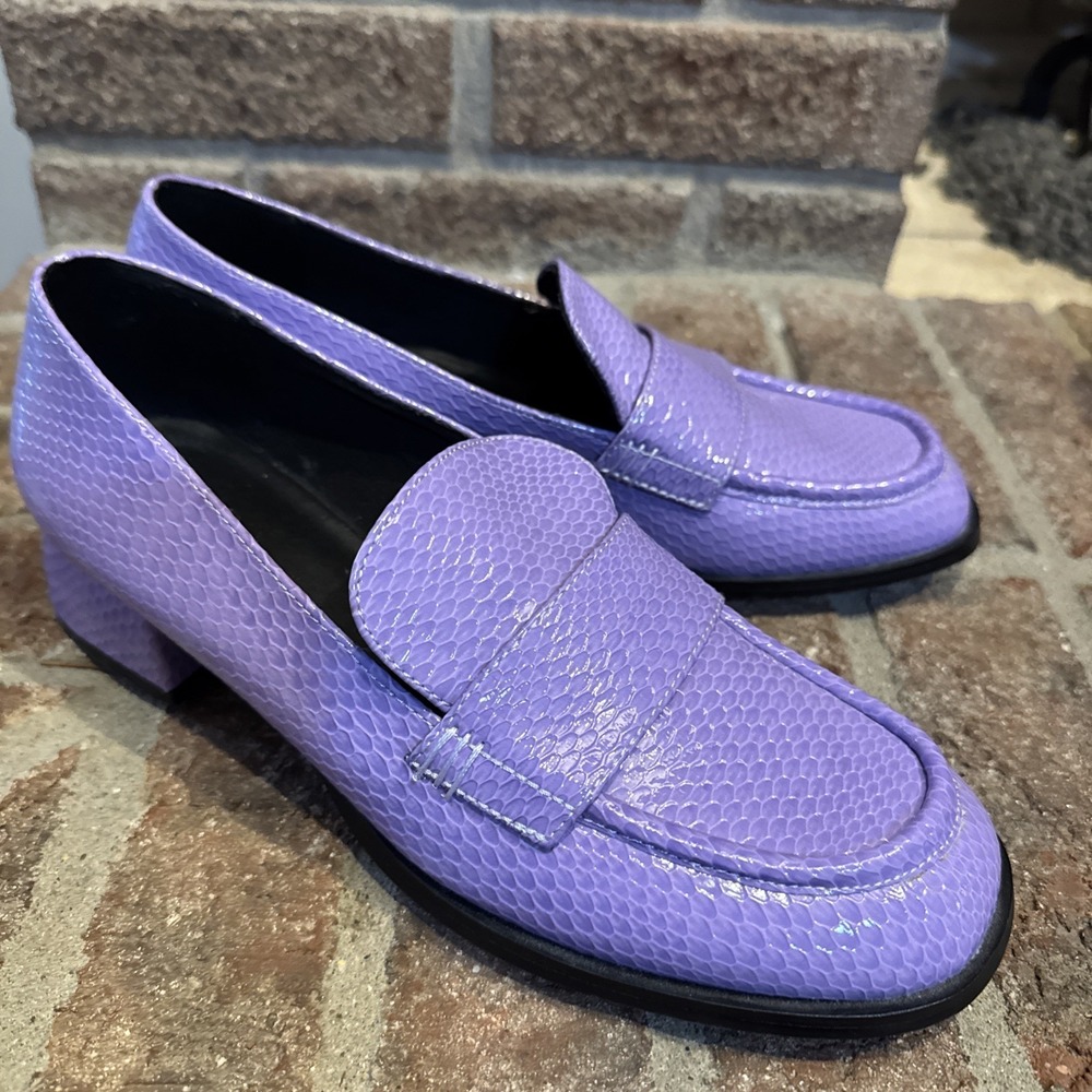 ASOS Lilac Heeled Penny Loafers Croc Embossed Square Toe Preppy Women's Size 8